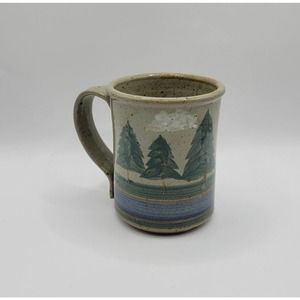 Vintage Handmade Pine Trees Stream River Outdoor Nature Pottery Coffee Mug